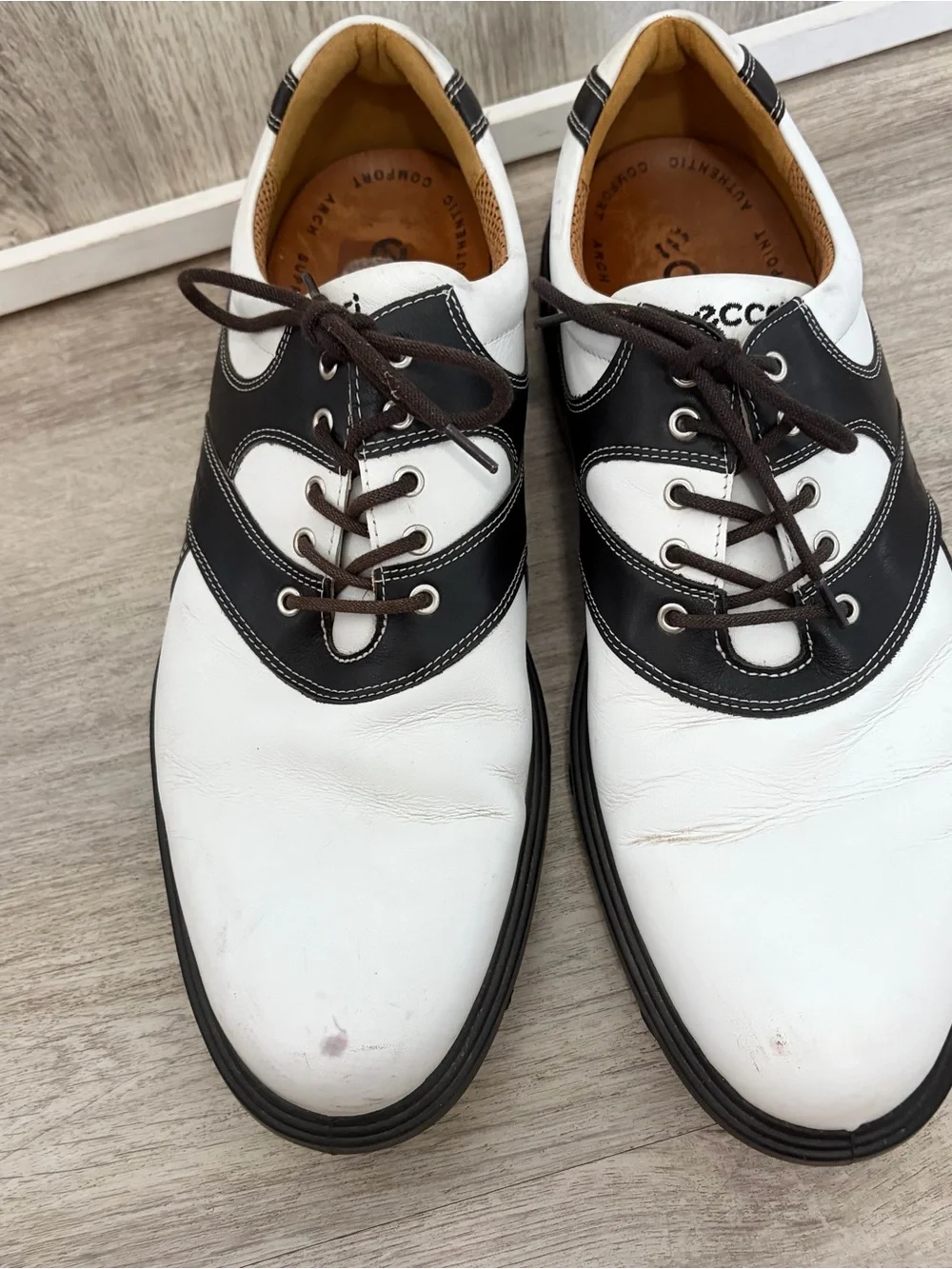 ECCO Golf Shoes White Black Leather Spikes Men's Size 46 - 12 -  12.5 Preppy